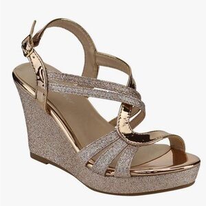Forever Rose Gold Glitter Wedge Sandals Sz 8 Platform Strappy Metallic 4” Heels